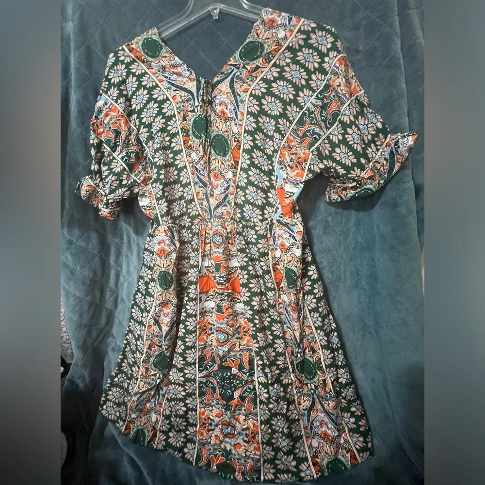 Women's Unbranded Size Large Floral Paisley Printed Tie Neck Mini Dress - Picture 5 of 7